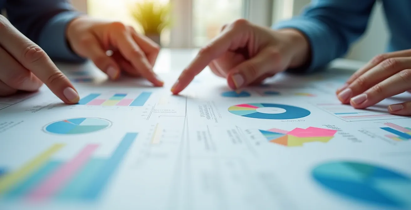 Mains pointant différentes sections d'un document avec calculatrice