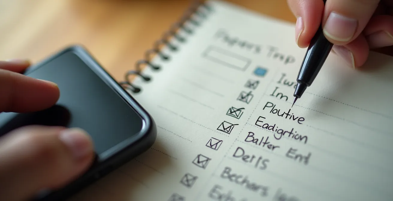 Main tenant un téléphone avec carnet de notes et liste de questions pour déménagement