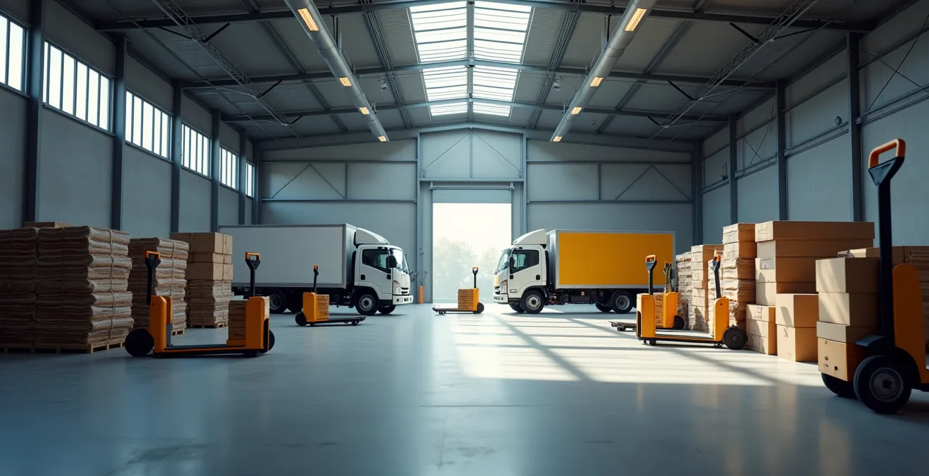 Vue large d'un entrepôt de déménagement avec camions et matériel professionnel