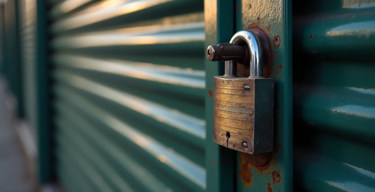 Gros plan sur un cadenas haute sécurité fixé sur une porte de box de stockage