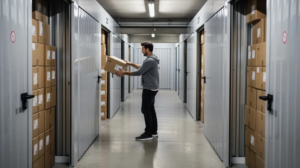 Couloir de centre de self-stockage professionnel avec box numérotés et cartons empilés