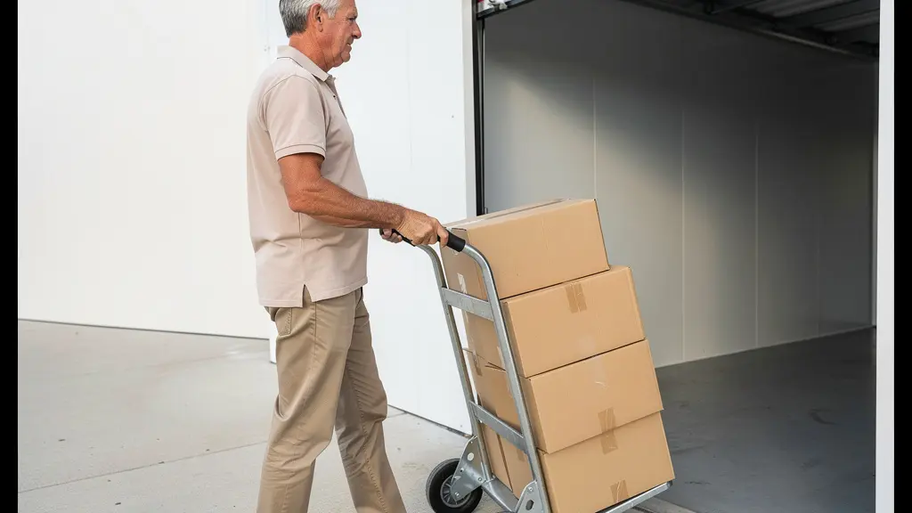 Professionnel utilisant un diable pour déplacer des cartons vers un box de stockage